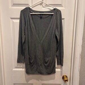 H&M Gray‎ Long Sleeve Button Down Cardigan Sweater Women's Large Puff Sleeves